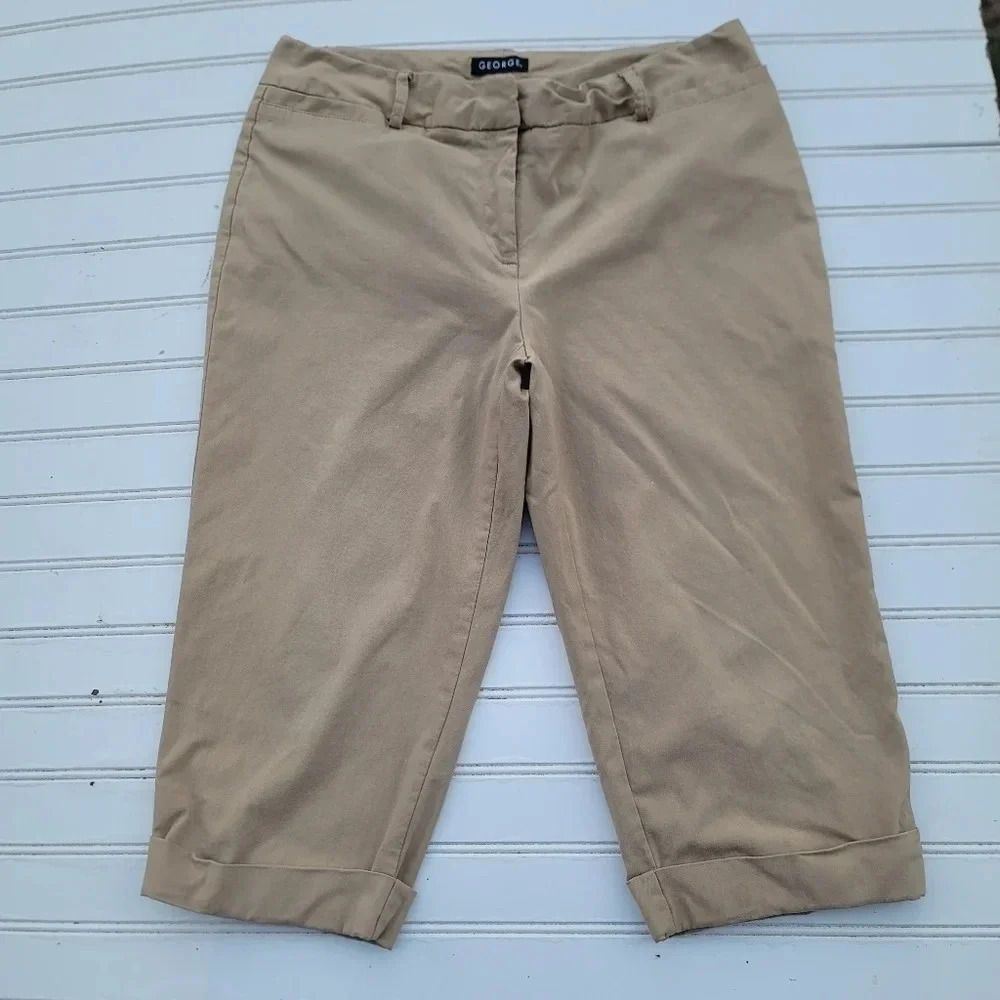 George Beige Pockets Hook closure women's Capri Cropped pants Stretch Sz 8